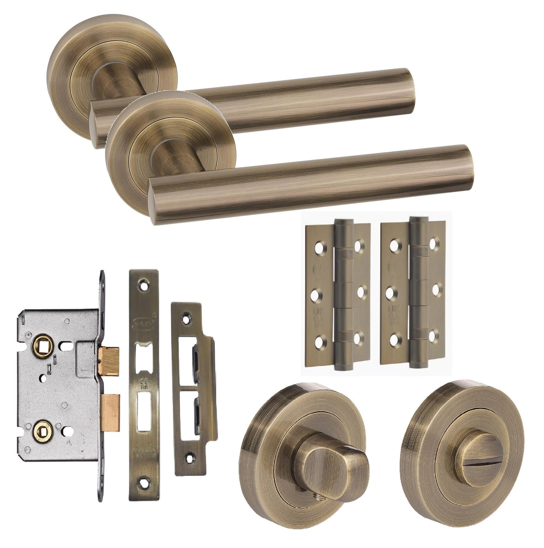 Straight T-Bar Bathroom Door Handle Set Thumbturn Hinges Lock Antique Brass