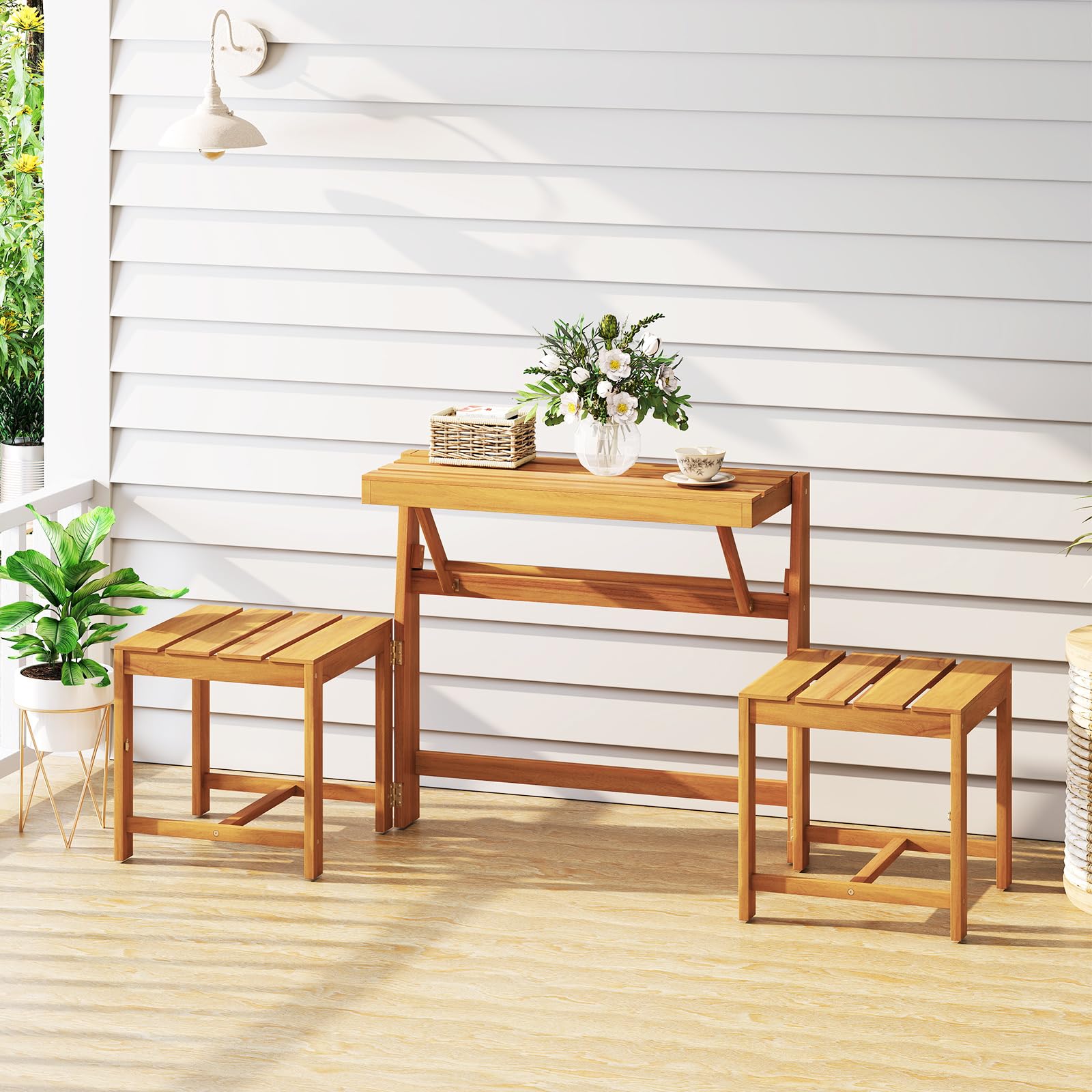 GOPLUS Salon de Jardin Extérieur 3 en 1 Banc Convertible Acacia Pliant 2 Personnes FSC Naturel
