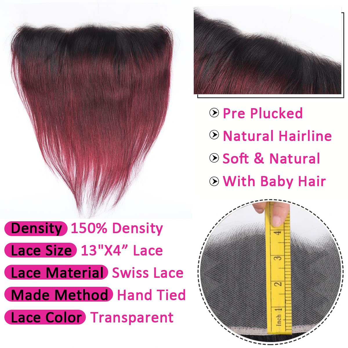 13x4 Ombre Burgundy Lace Frontal Human Hair Ear To Ear Transparent Swiss Lace Frontal Closure 100% Straight Brazilian Virgin Hair 150 Density 14 Inch Ombre Burgundy Color - Image 2