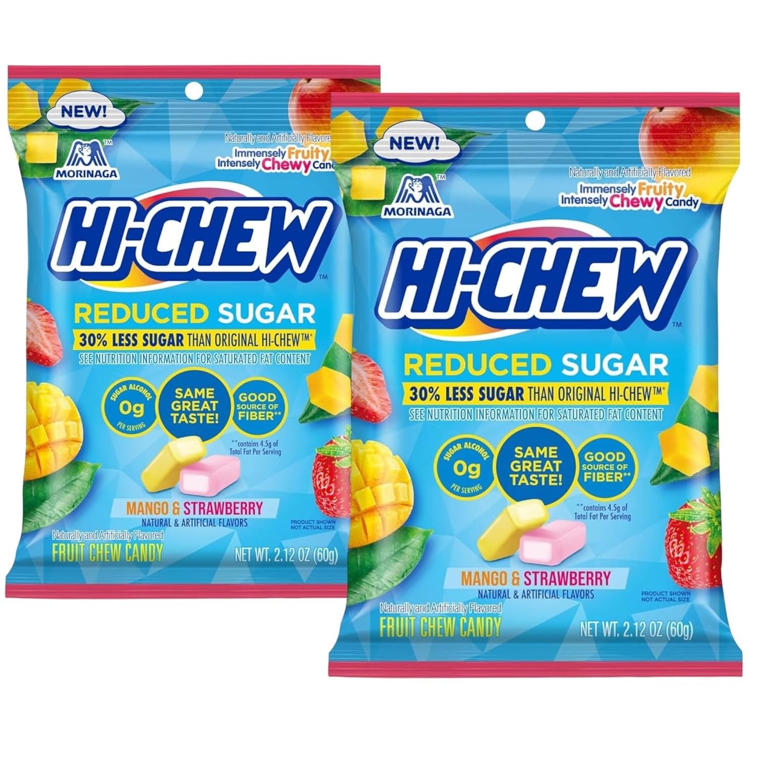 (Pack of 2) Hi Chew Reduced Sugar Candy, Strawberry & Mango, Japanese Unique Fun Soft & Chewy Taffy Candy, Immensely Juicy Fruit Flavors, Individually Wrapped, 2.12oz each, less suger
