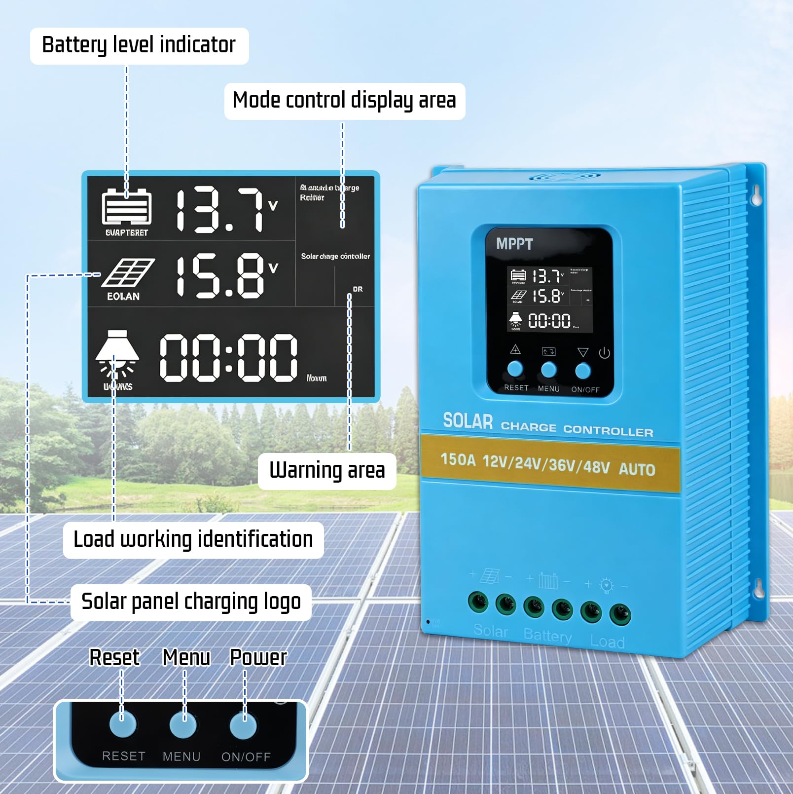 Regolatore di carica 150 A, regolatore di carica solare, 12 V, 24 V, 36 V, 48 V, regolatore di carica solare con display LCD e doppia USB, Max PV 100 V, ingresso per batteria al piombo acido/litio