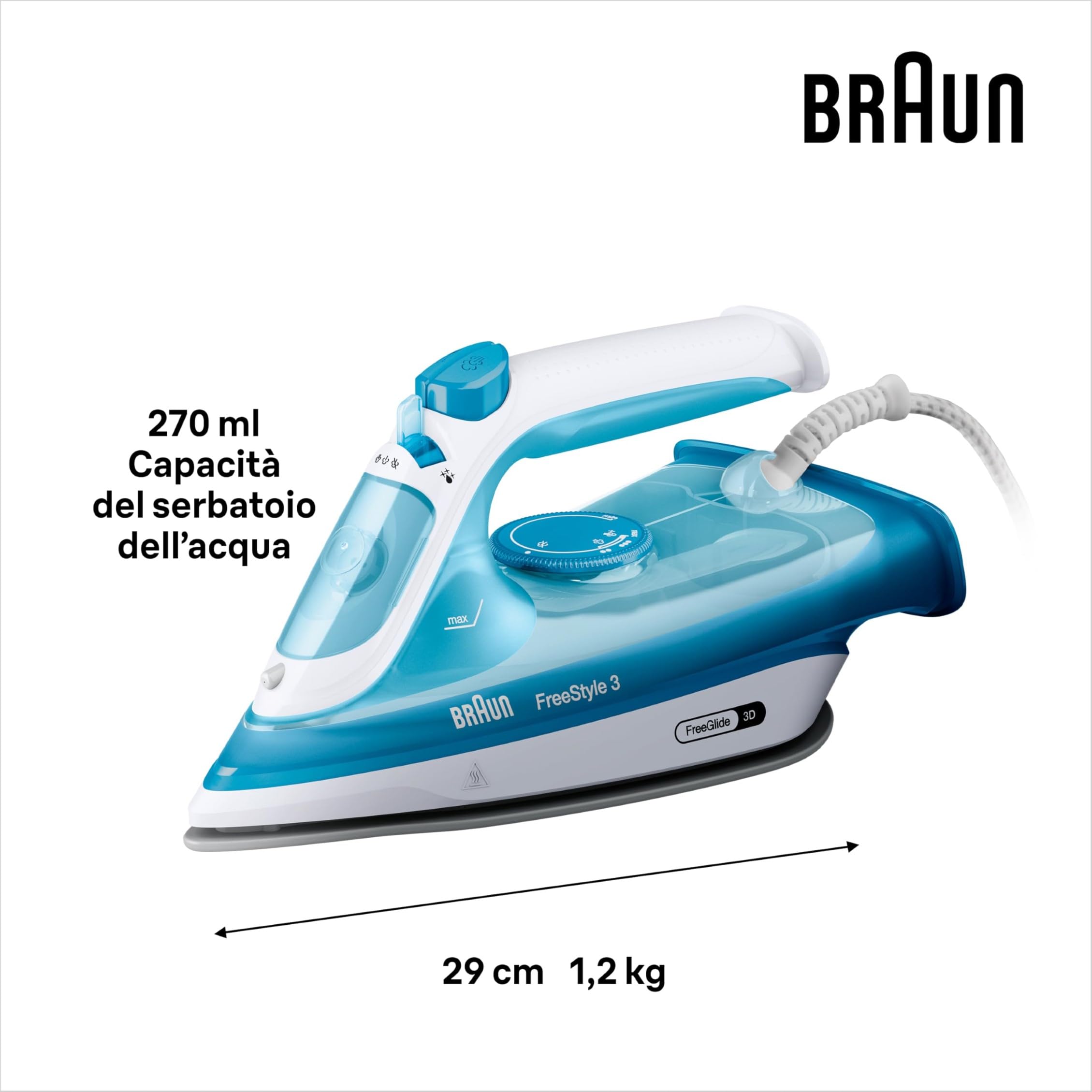 Braun FreeStyle3 FI3144BL Ferro da Stiro con 5 Anni di Assistenza, Risparmio Energetico, Tecnologia FreeGlide 3D, vapore 170g/min, AutoSpegnimento, Serbatoio acqua 270ml, 2400W,manico aperto, Blu