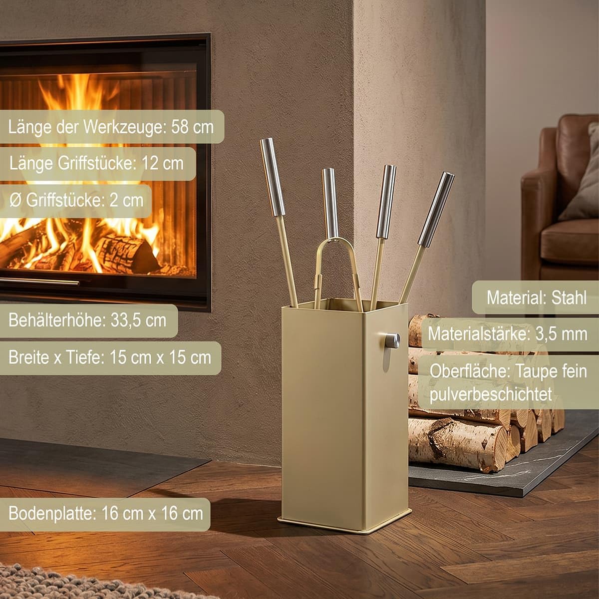MS Beschläge Kaminbesteck Taupe modern 5-teilig - Kamingarnitur massiv Stahl pulverbeschichtet - Ofenbesteck mit eckigem Behälter & Edelstahl Griffstücke - elegantes Design Kamin-Set Kaminzubehör