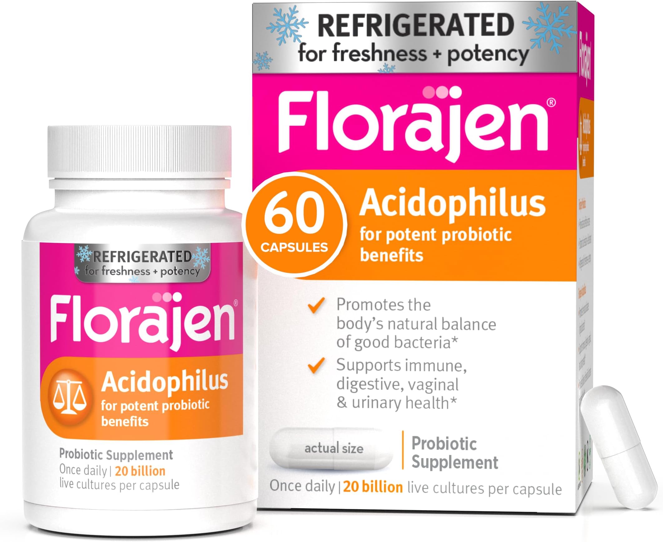 Florajen Acidophilus High Potency Refrigerated Probiotics | Supports Overall Health | 20 Billion CFUs | for Potent Probiotic Benefits | 60 Capsules