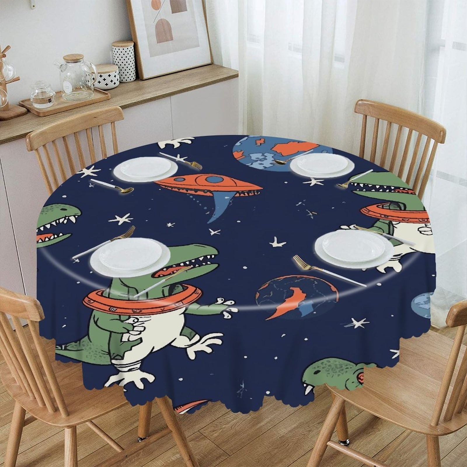 FekiLoot Funny Astronaut Dinosaur Rocket Round Tablecloths 60 Inch Resistant Washable Polyester Table Cloth Style Decorative Circle Fabric Table Cover for Dining Kitchen Party Farmhouse Outdoor
