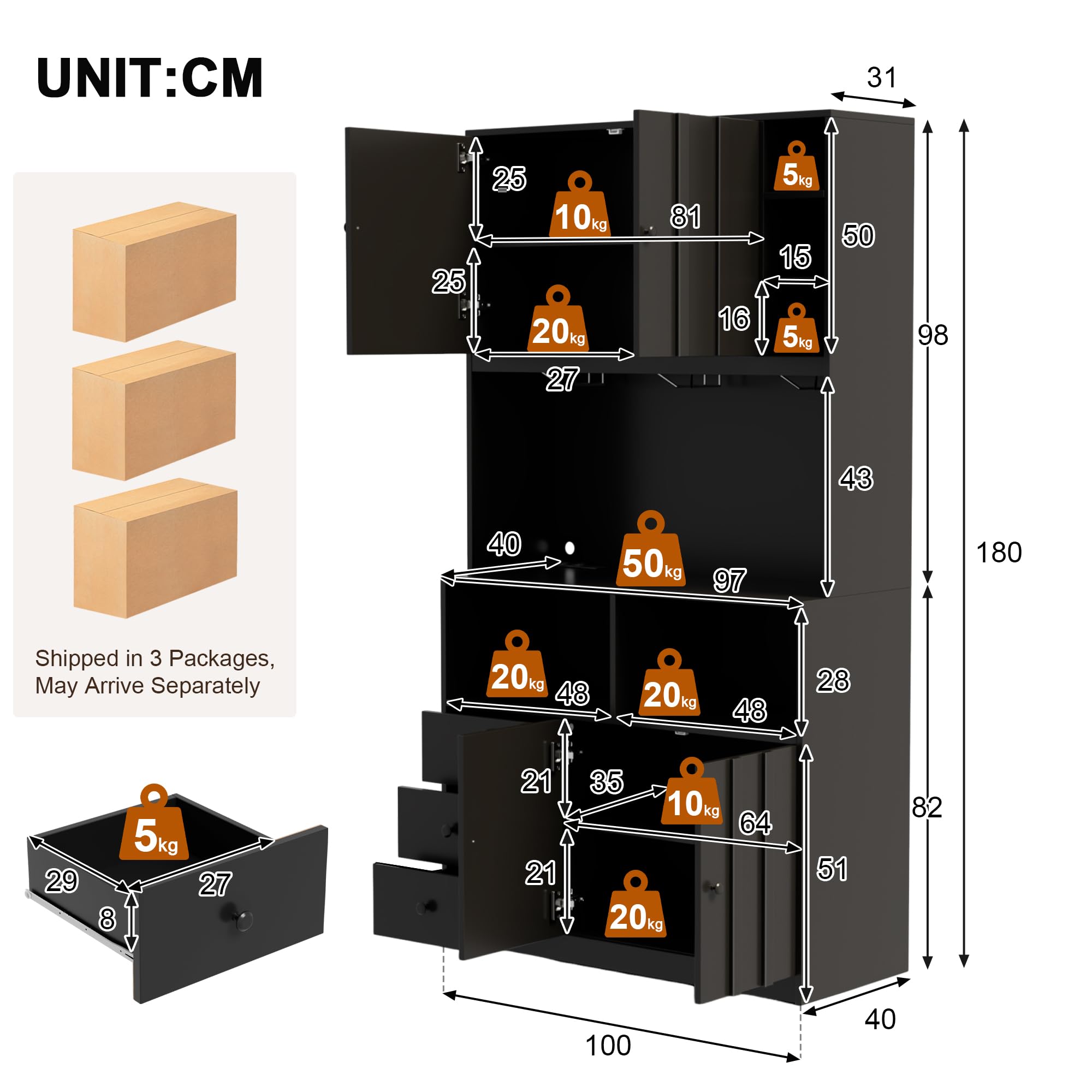 Merax Küchenschrank mit Arbeitsplatten, Buffetschrank mit LED, Steckdose, 3 Schubladen, Weinregal, Offenen Regalen, Verstellbare Einlegeböden, Küchenschränke für Küche, 100x40x180cm, Schwarz
