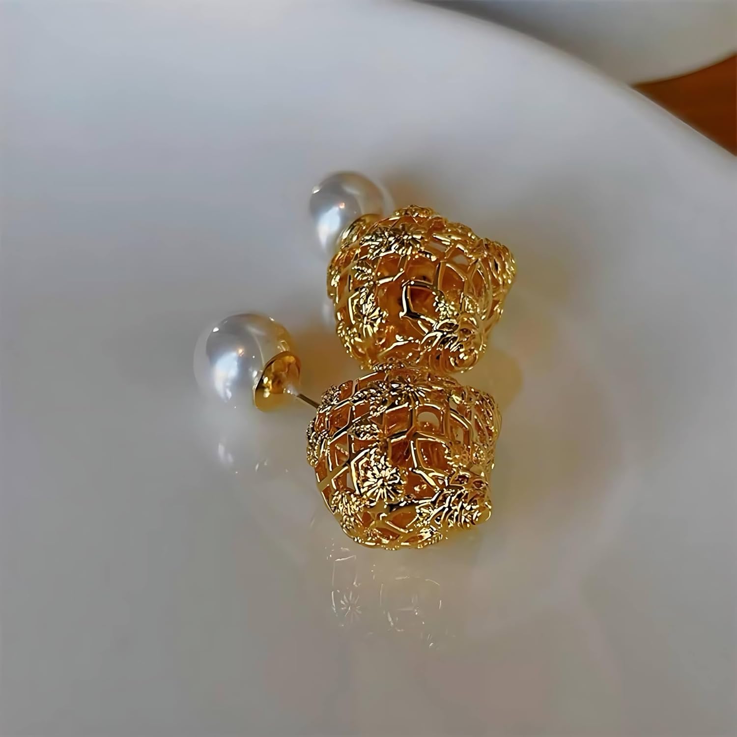 Bernice Exquisite Camellia Blossom Pearl Earrings 18K Gold Plated Stud Earrings for Women