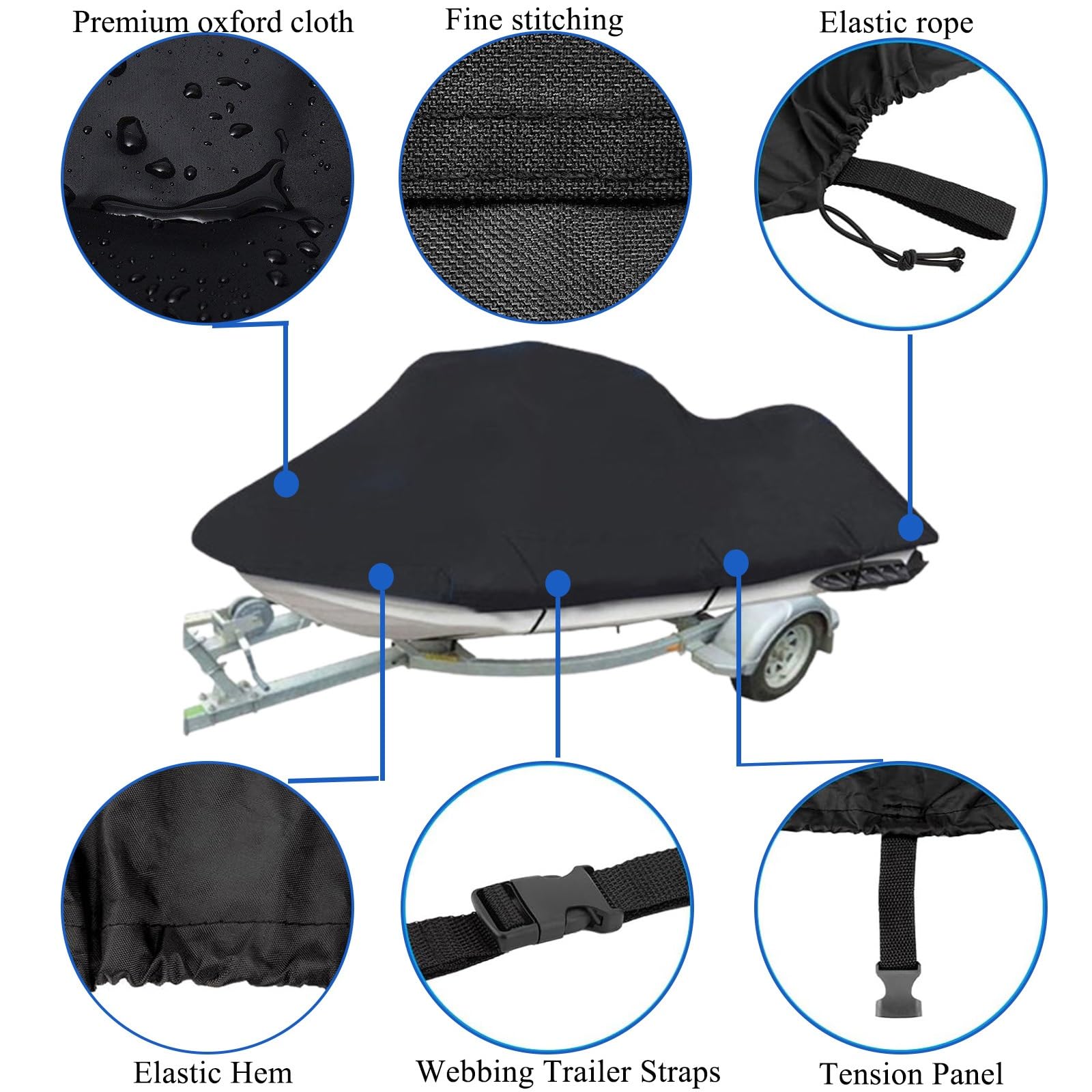 Telo Copri Jetski,Copertura per Moto D'acqua Jet Ski Copertura per Barca Rimorchiabile Impermeabile Oxford 600D Telo Copri Barca Jet Ski Telo Copri Barca a Motore(Black,Fits from 121"-135")