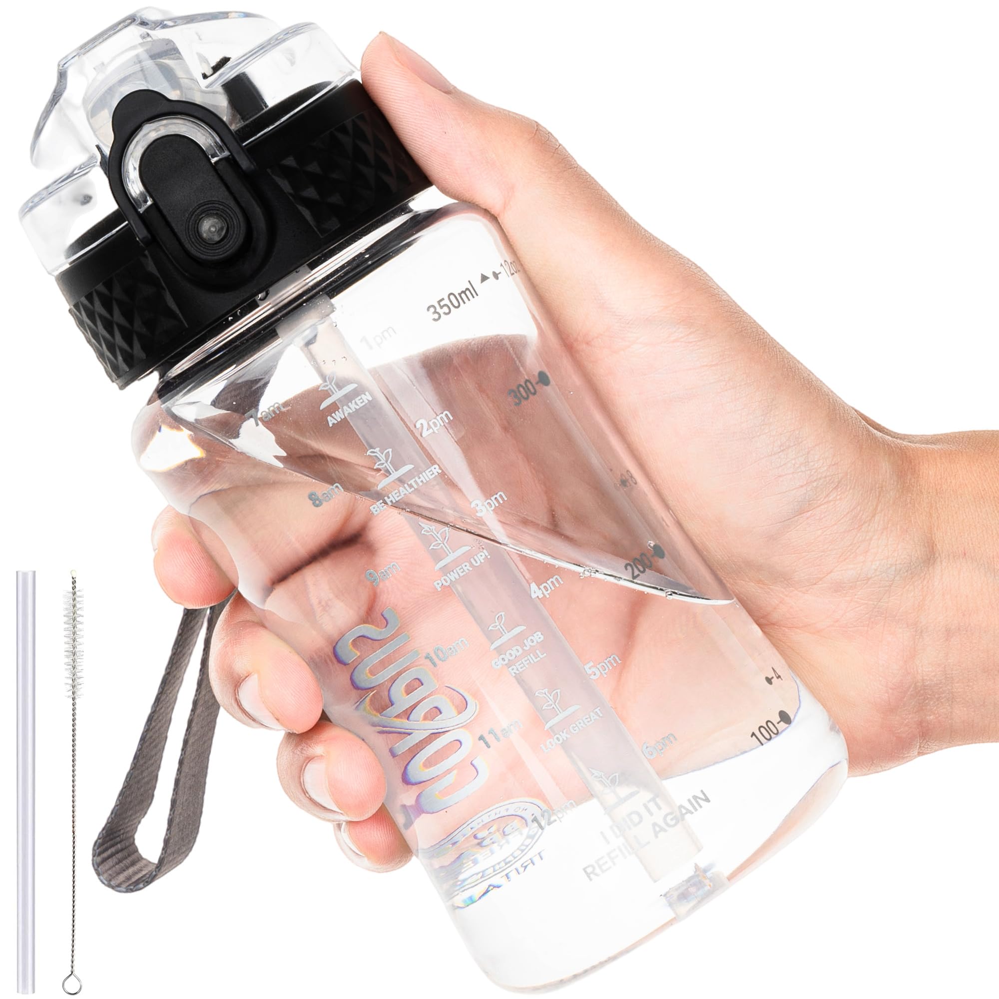 GOPPUS 350ml/12oz Kids Water Bottle With Straw Tritan Drinks Bottle with Strap Small Toddler Juice Bottles with Flip Top Lid Leakproof Children's Cup with Time Marking BPA free Girl Boy (Transparent)