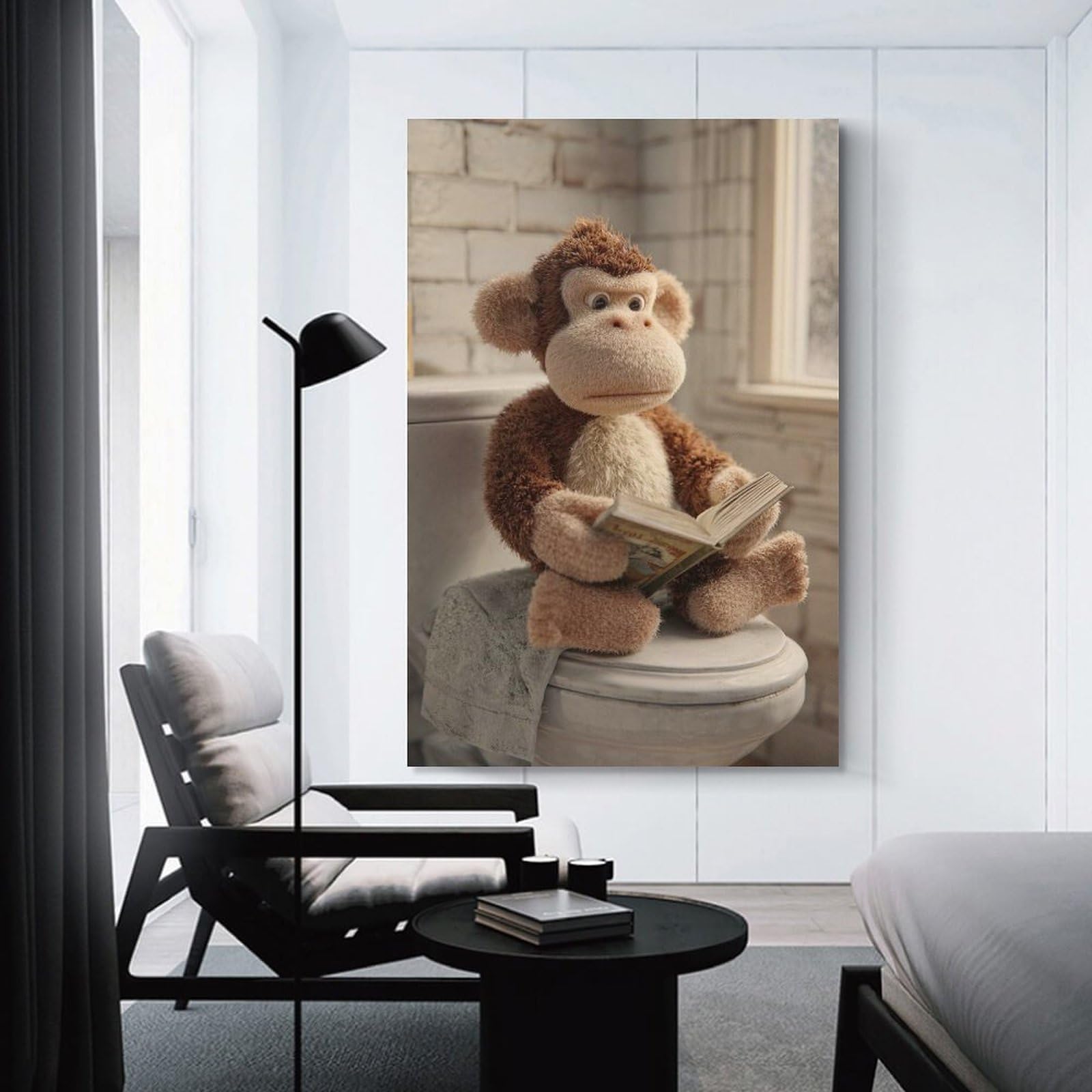 Junmoney Monkey Reading A Book on A Toilet Wall Picture Print 20x30inch(50x75cm), for Lounge Decor, Offices Or Entryway Styling, Versatile Wall Decor for Many Rooms