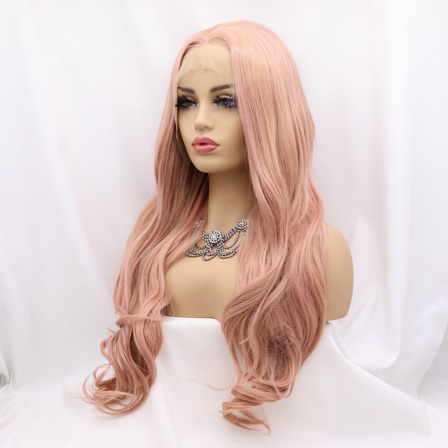 24" Lungo rosa ondulato parrucche per le donne sintetico pizzo anteriore miscelato rosa calore sicuro sostituzione dei capelli parrucche Halloween Cosplay giornaliero partito uso parrucca mezzo Parted