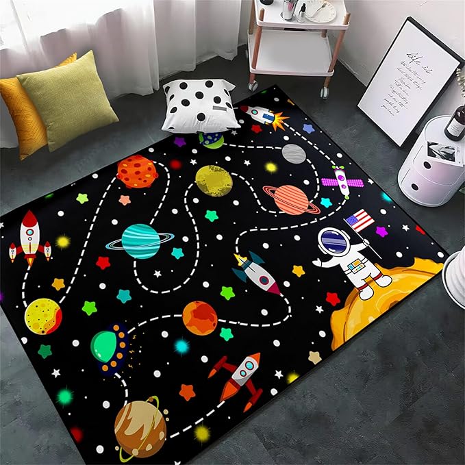 Space Area Rugs for Boys Bedroom - Cute Cartoon Planets Carpet Rug Indoor Sofa Floor Mats Solar System Space Theme Living Bedroom Dining Room Decor Crystal Polyester Area Rug Door Mats, 63" L x 47" W