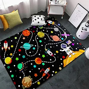 Space Area Rugs for Boys Bedroom - Cute Cartoon Planets Carpet Rug Indoor Sofa Floor Mats Solar System Space Theme Living Bedroom Dining Room Decor Crystal Polyester Area Rug Door Mats, 63" L x 47" W