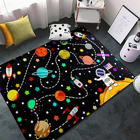 Space Area Rugs for Boys Bedroom - Cute Cartoon Planets Carpet Rug Indoor Sofa Floor Mats Solar System Space Theme Living Bedroom Dining Room Decor Crystal Polyester Area Rug Door Mats, 63" L x 47" W