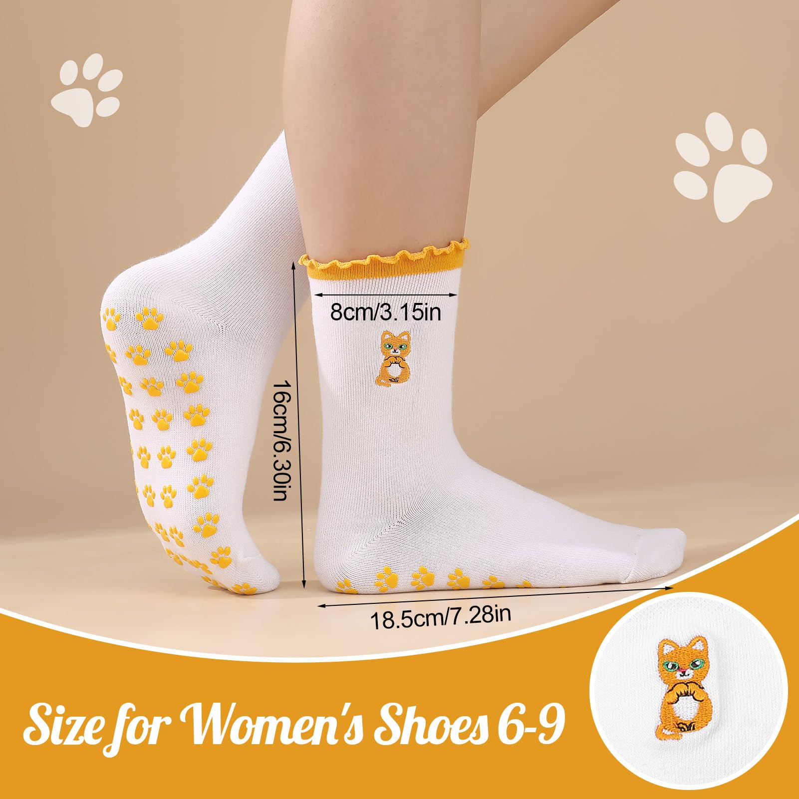 Jspupifip 6 Pairs Cute Pilates Socks with Grips for Women Non Slip Ruffle Yoga Socks Embroidery Cats Athletic Crew Grippy Sock for Barre Ballet Barefoot Workout Hospital