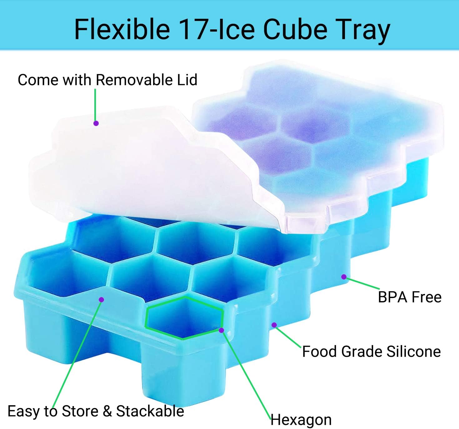 Upgrade Ice Cube Trays, 2 Pack Silicone Flexible Ice Cube Trays with Lid, 34 Big Cubes Ice Trays for Chilled Drinks, Whiskey & Cocktails, Stackable Flexible Safe Ice Cube Trays (Blue)