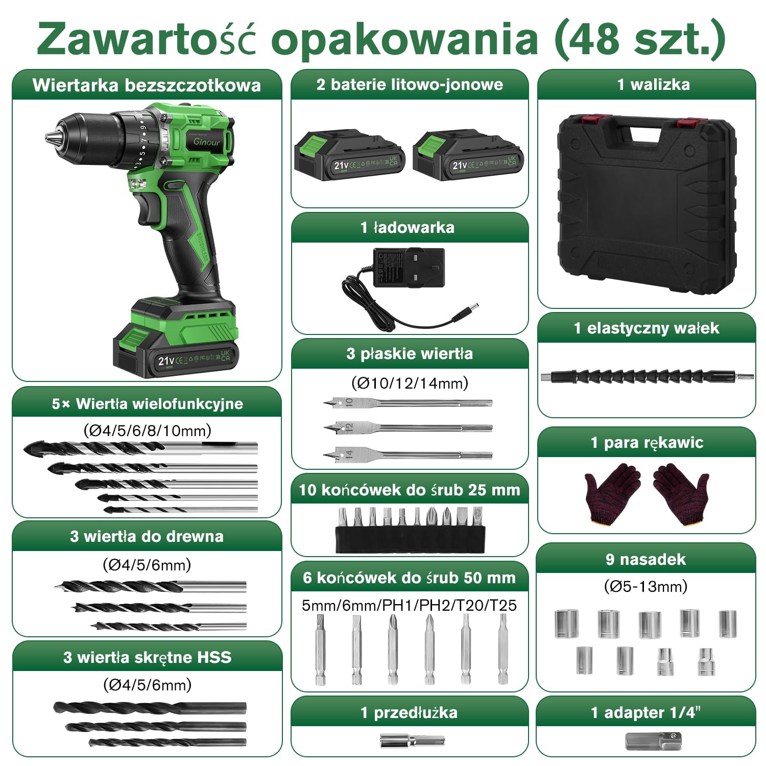 Ginour 21V Bezszczotkowa Akumulatorowa Wiertarko-Wkrętarka Udarowa, zestaw 2x2Ah, kompatybilna z akumulatorami Makia 18V, 50 Nm, 2 biegi, 23+3 moment, 47-pcs zestaw akcesoriów z walizką, LED, 10mm