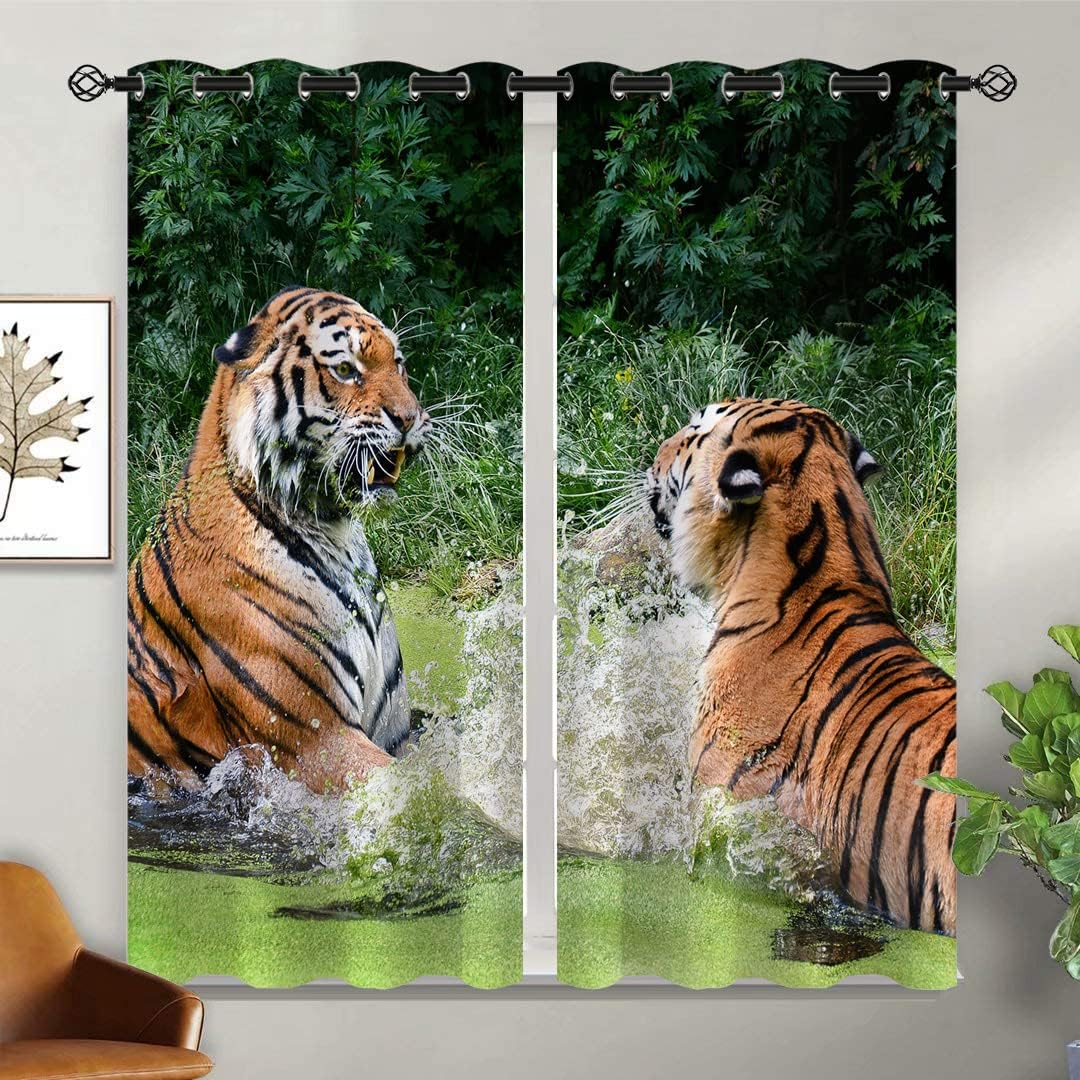 Tiger Blackout Curtains for Girls Boy Home Decor, Wild Animal Jungle Wildlife Large Cat Playing Grommet Thermal Insulated Drapes Darkening Window Curtain for Bedroom Living Room, 55 x 63 Inch