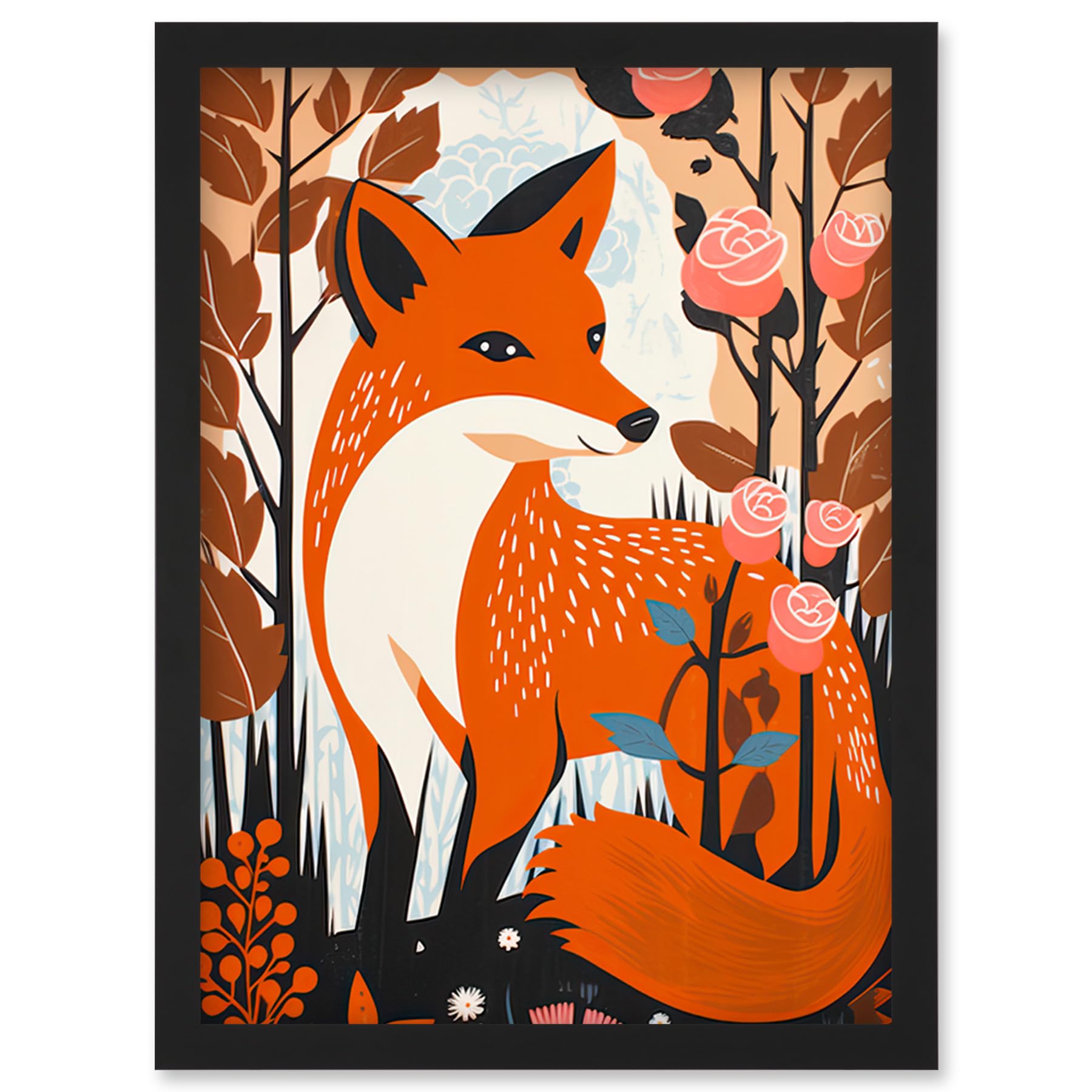 Artery8 The Fox and Rose Bush Pastel Colour Autumn Forest Landscape Flowers Artwork Framed Wall Art Print A4