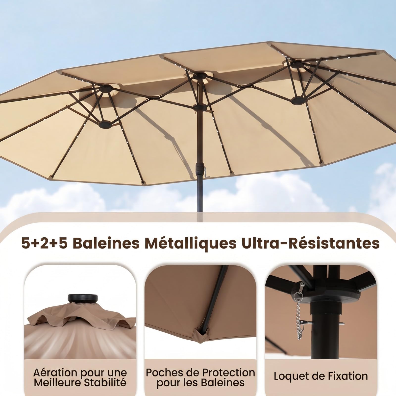 COSTWAY Parasol de Jardin Exterieur Double 4,6 x 2,85 M avec Base Lestée, Grand Parasol Rectangulaire avec 48 LED Solaires, Manivelle, Protection Solaire UV, pour Terrasse, Piscine, Gîte (Beige)