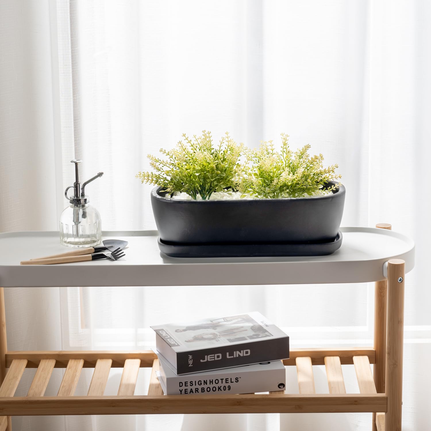 MyGift Maceta De Cerámica De 14 Pulgadas Para Plantas De Interior Con Agujero De Drenaje, Maceta Rectangular Para Suculentas Con Caja Abierta Y Platillo Desmontable, Blanca Sin Esmaltado