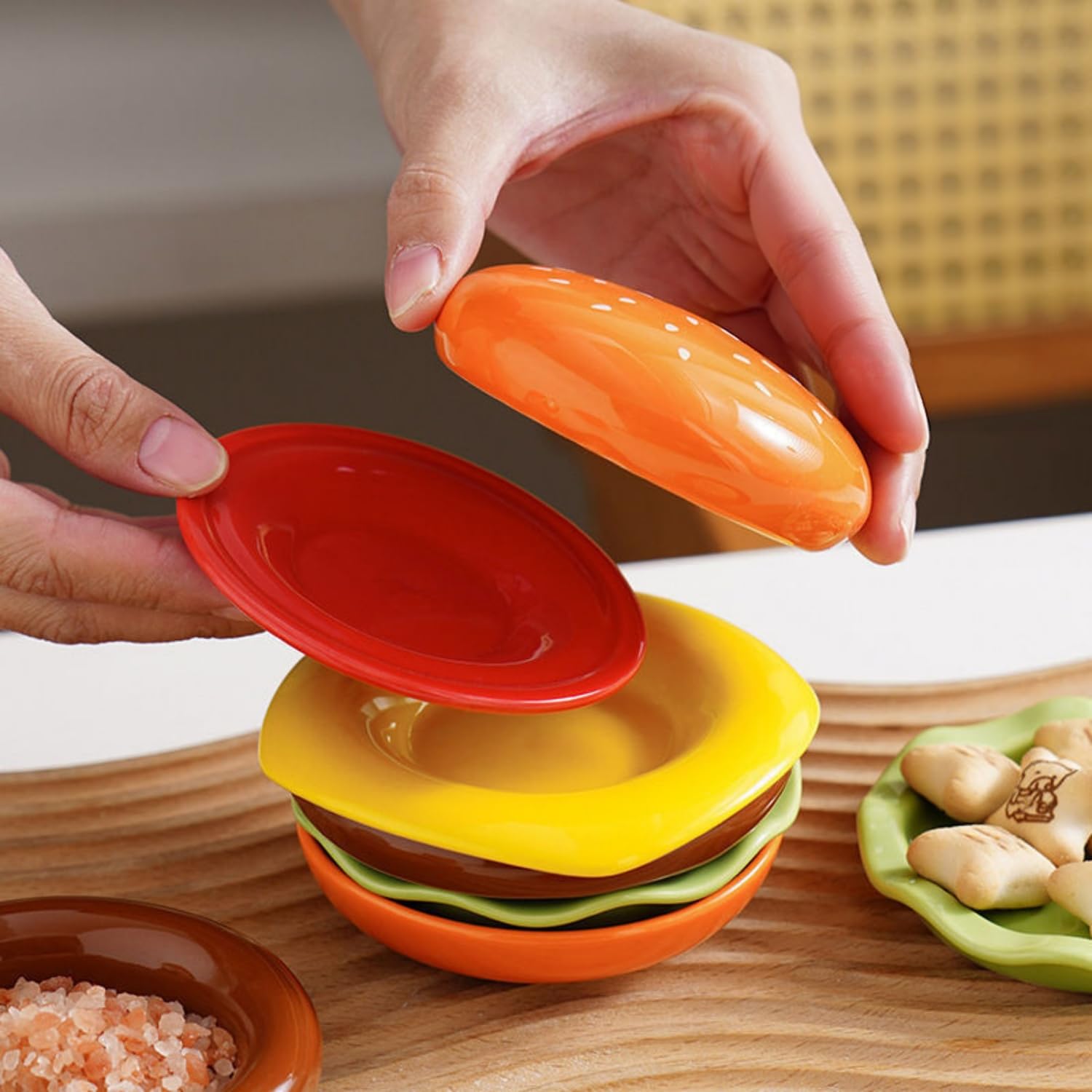 6er Stapelbare Burger Teller Set für BBQ Party und Snacks (Burger 6er Set 2 Stück)