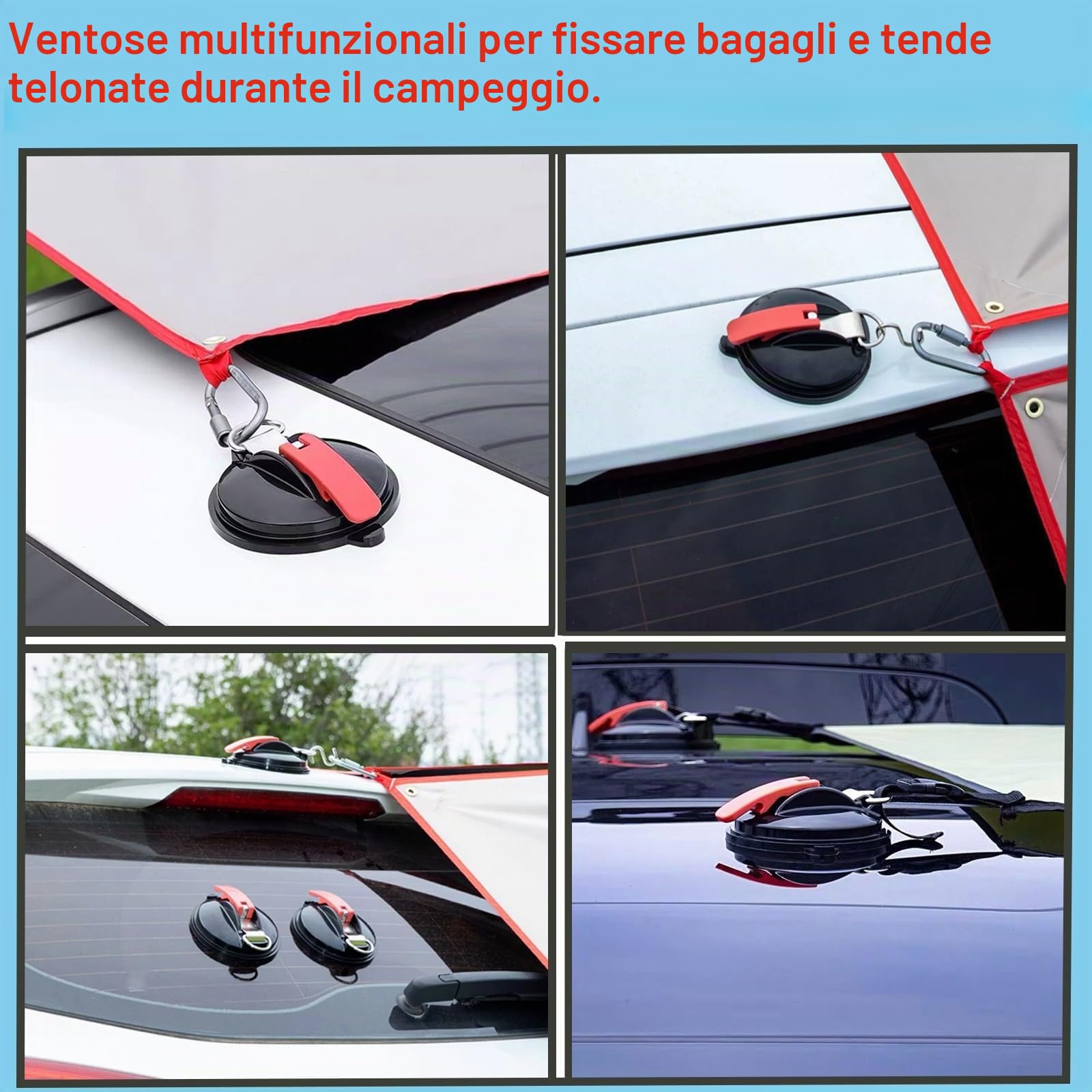 Ventosa, 4 Pezzi Ventose per Campeggio Ancoraggio a Ventosa con 8 Gancio di Fissaggio Ventosa Multifunzione per Auto Gancio a Ventosa per Bagagli Tende da Campeggio, Teloni, Tenditori per Auto
