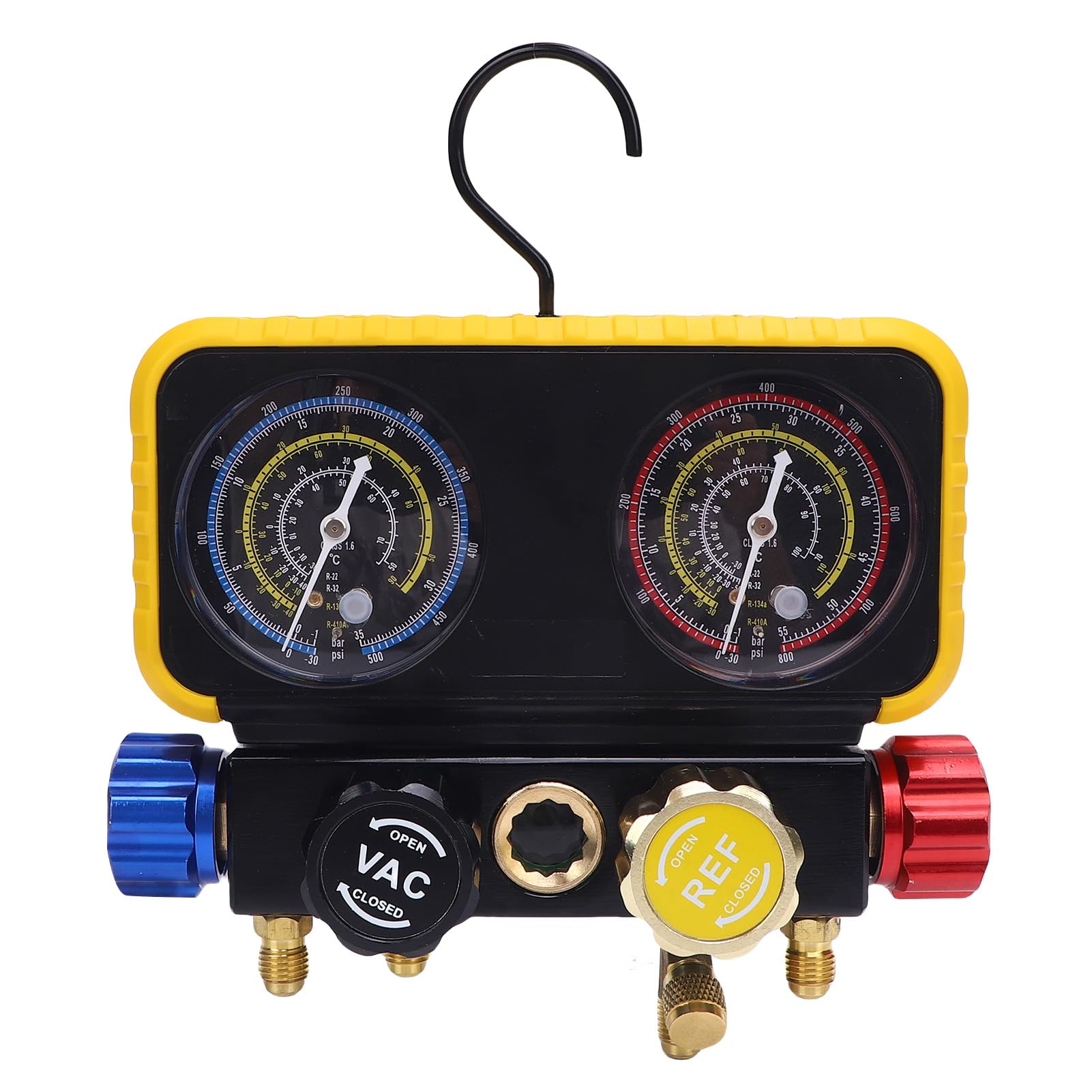 Set di Collettori HVAC a 4 Vie, Letture Accurate per Refrigeranti R32 R32 R134A R22, con Valvole R410A Meter e di Sicurezza per Uso Professionale e Domestico