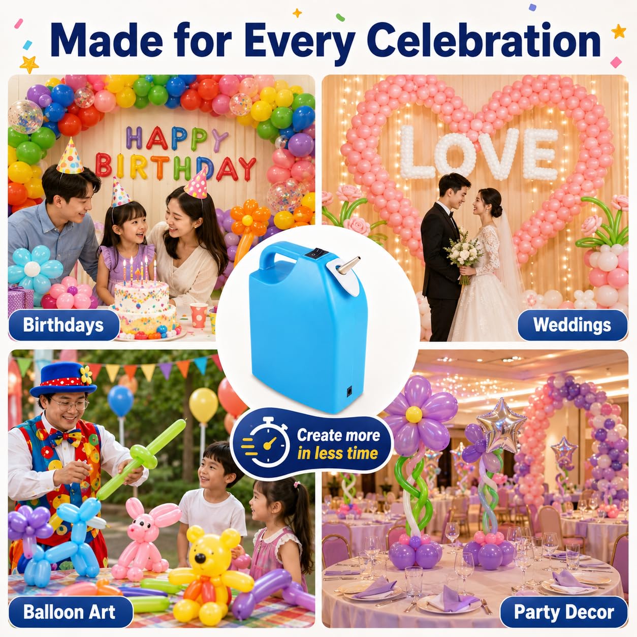 Gonfleur électrique de ballon Long, pompe à Air de ballon Rechargeable avec buse en cuivre, pour la décoration de fête d'anniversaire et de mariage