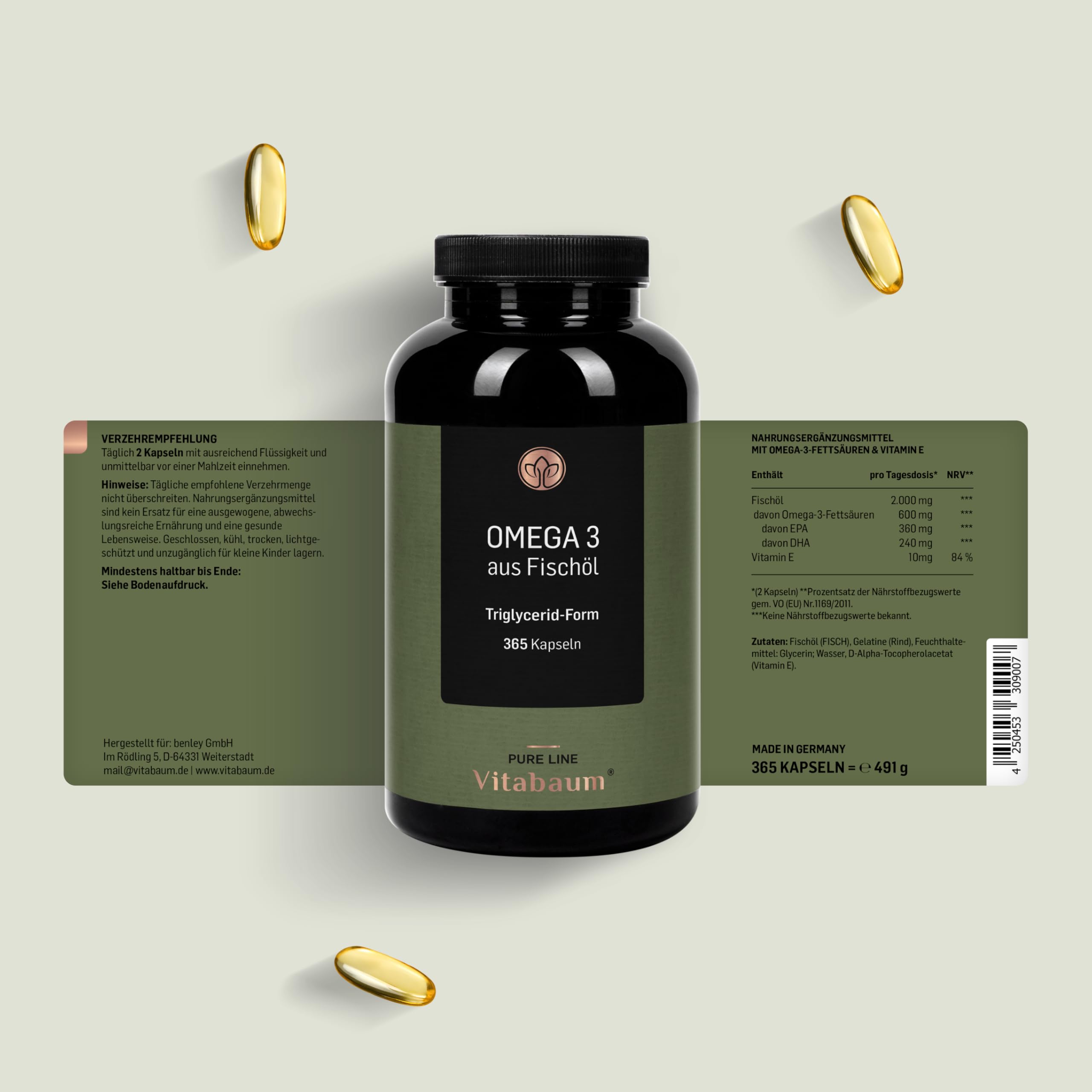 Omega 3 Kapseln - 2000mg Fischöl pro Tagesdosis - 365 Kapseln - mit EPA und DHA in Triglycerid-Form - Hohe Bioverfügbarkeit - Glutenfrei, Laktosefrei - 6 Monats Vorrat
