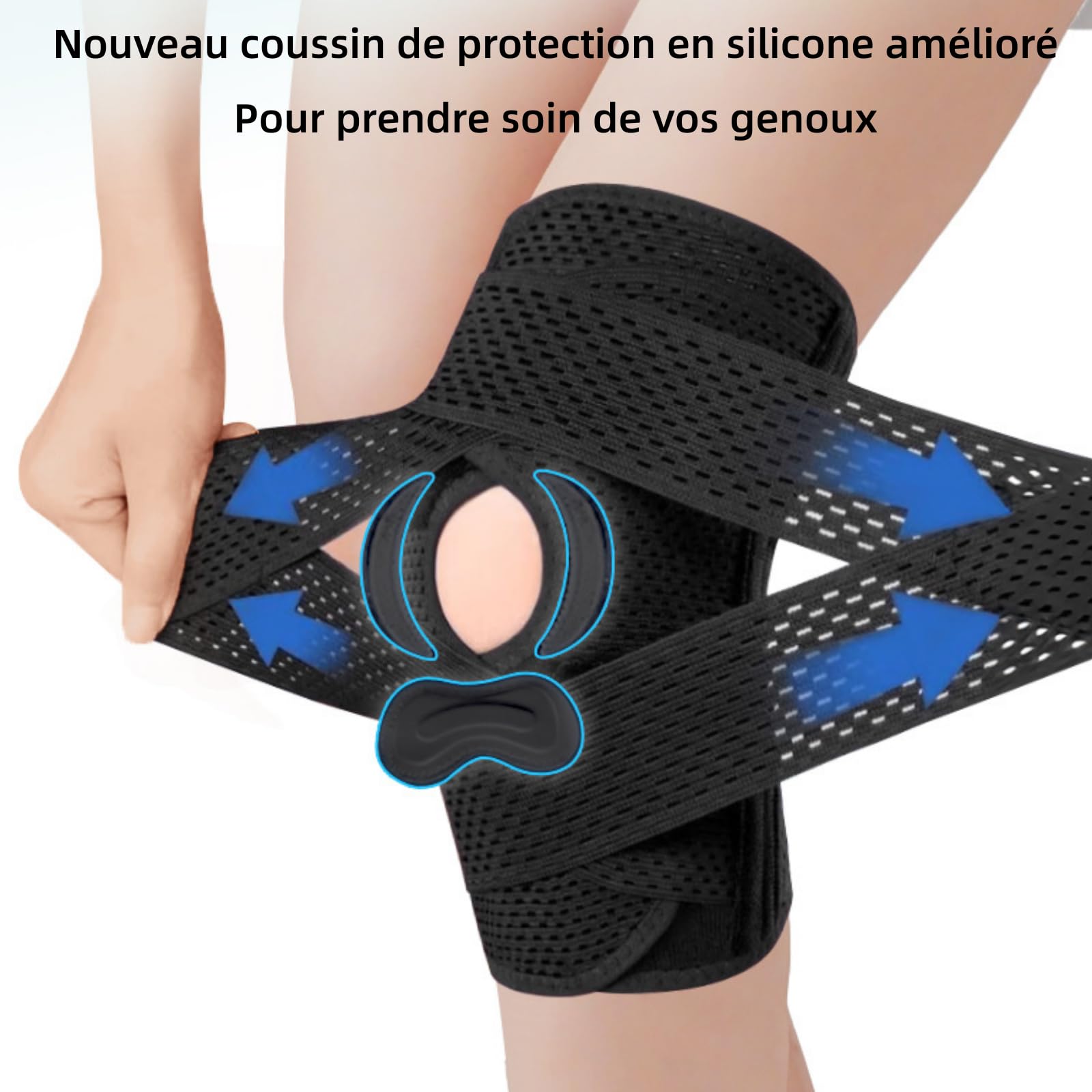 MEIION Genouillere Pieralis,Genouillère Cross Stab,Genouillère Sportive Réglable,Amorti et Anti-Choc,avec 4 Ressorts en Silicone et Garniture de Protection,Confortable et Respirante