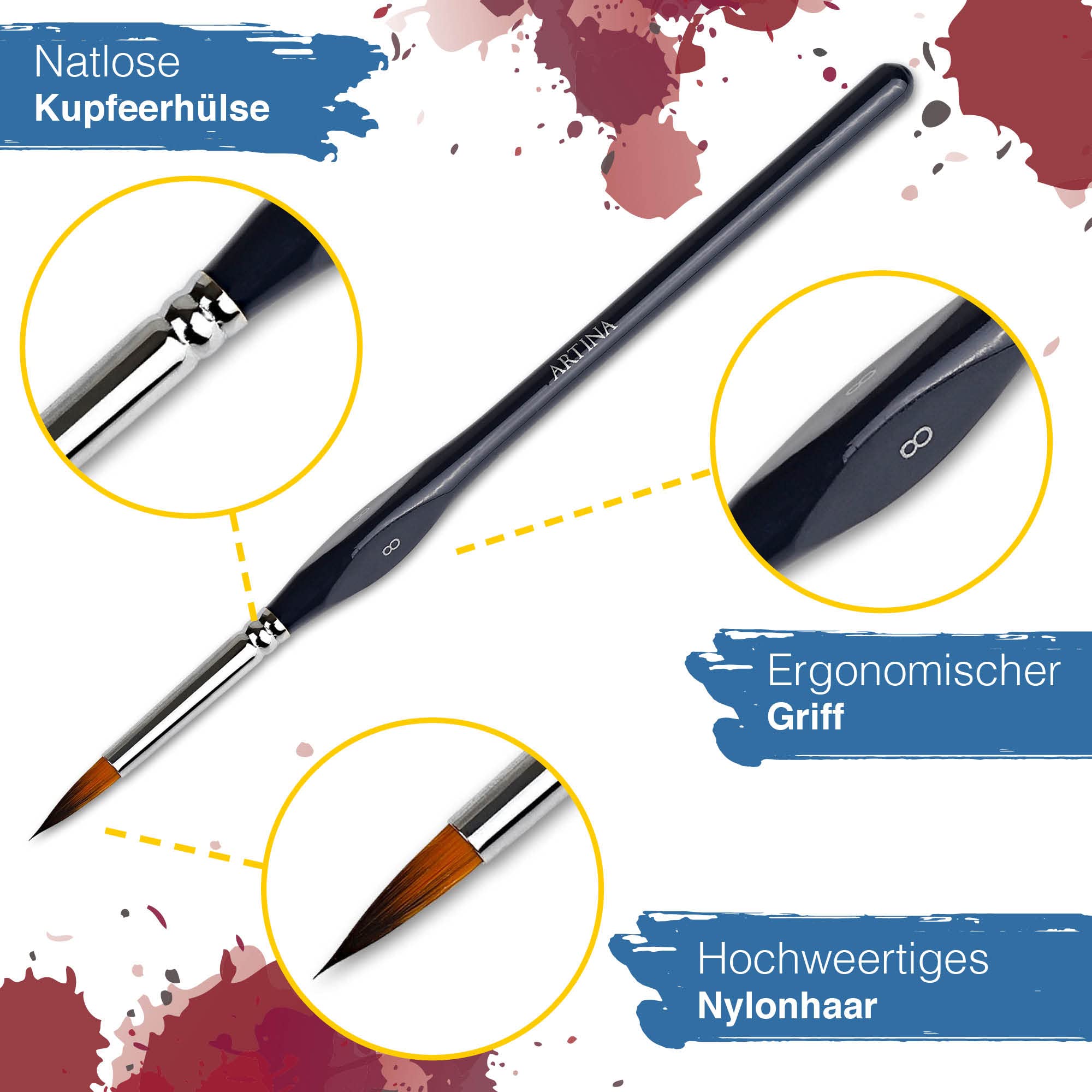 Artina 10-teiliges Premium-Pinselset 'Bilbao' – Für Acryl, Aquarell, Öl & Nageldesign, Mit Etui