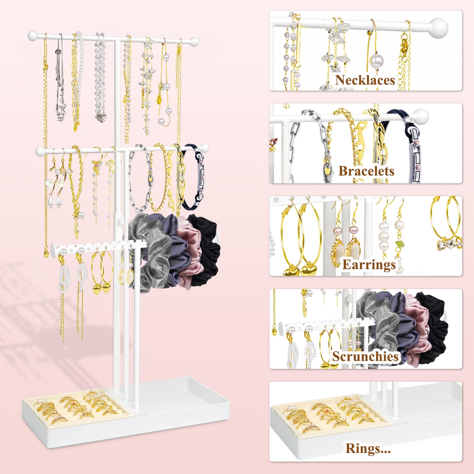 Supporto organizer per gioielli, 3 ripiani, supporto per collana e albero, altezza regolabile per gioielli e orecchini, torri di visualizzazione