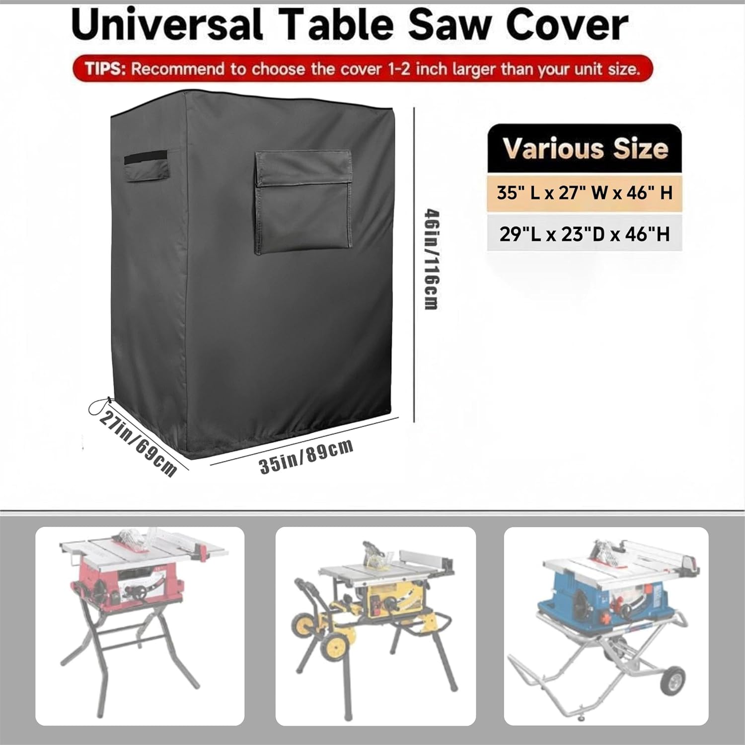 Table Saw Cover with Stand 600D Heavy Duty Waterproof, Jobsite Saw Cover with Tool Pockets & Handles, Fits DeWalt DWE7491 Bosch SawStop Ridgid, 35"L x 27"W x 46"H for Contractor Cabinet Saw