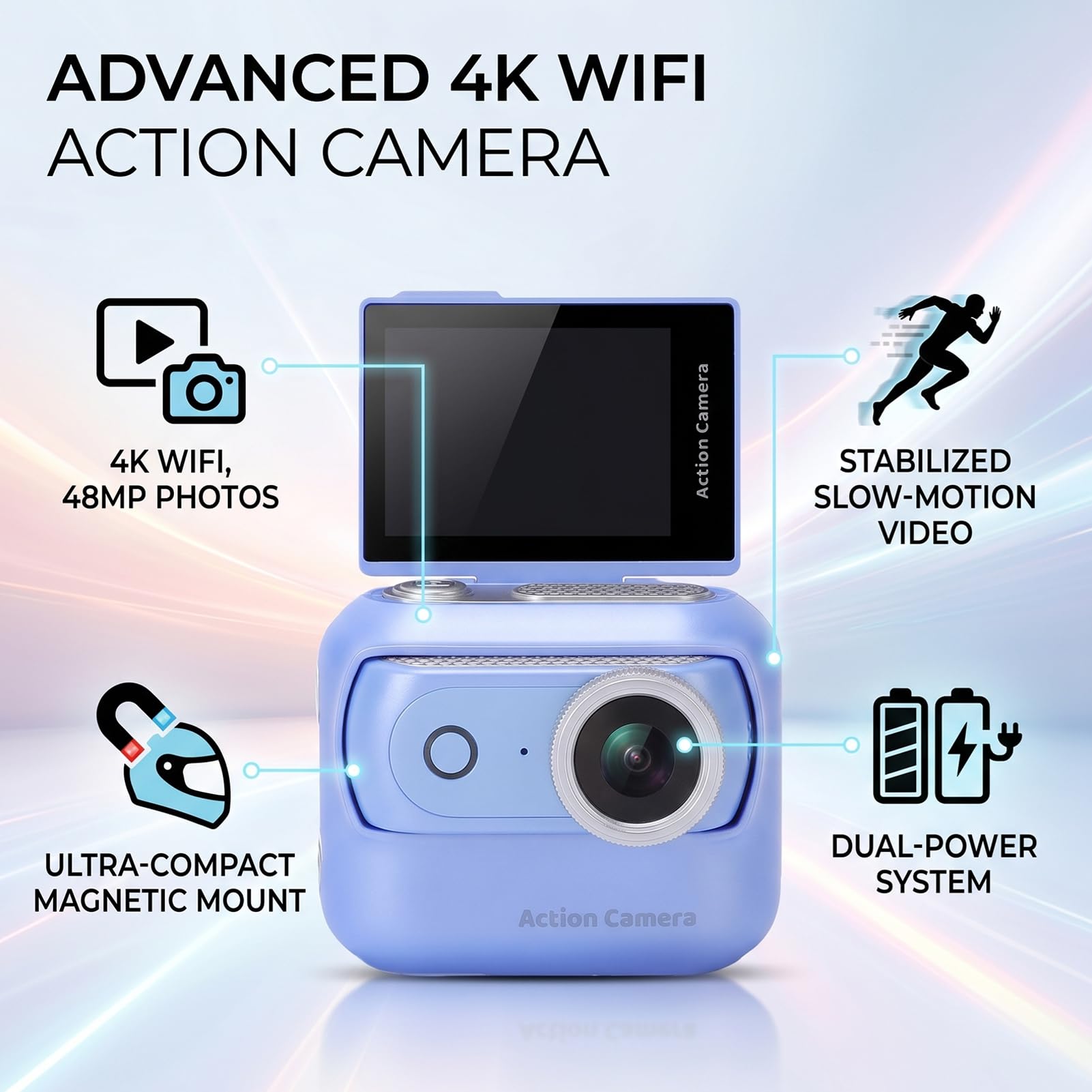 Action Cam 4K con Foto da 48MP per Vlog, Corsa e Ciclismo — Mini Sports Cam Magnetica con WiFi e Touchscreen Ribaltabile da 2,0” per Riprese POV (BLUE)