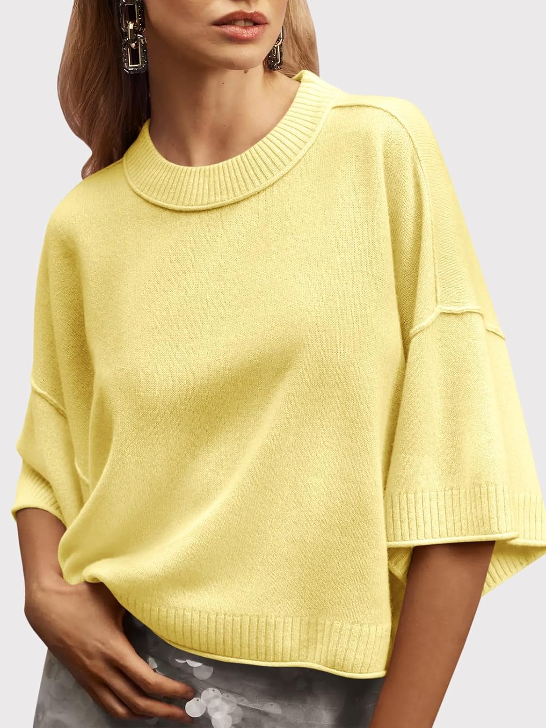 Saodimallsu Womens Short Sleeve Sweater Summer Oversized Cropped Sweaters Casual Crewneck Lightweight Knit Tops - Image 2