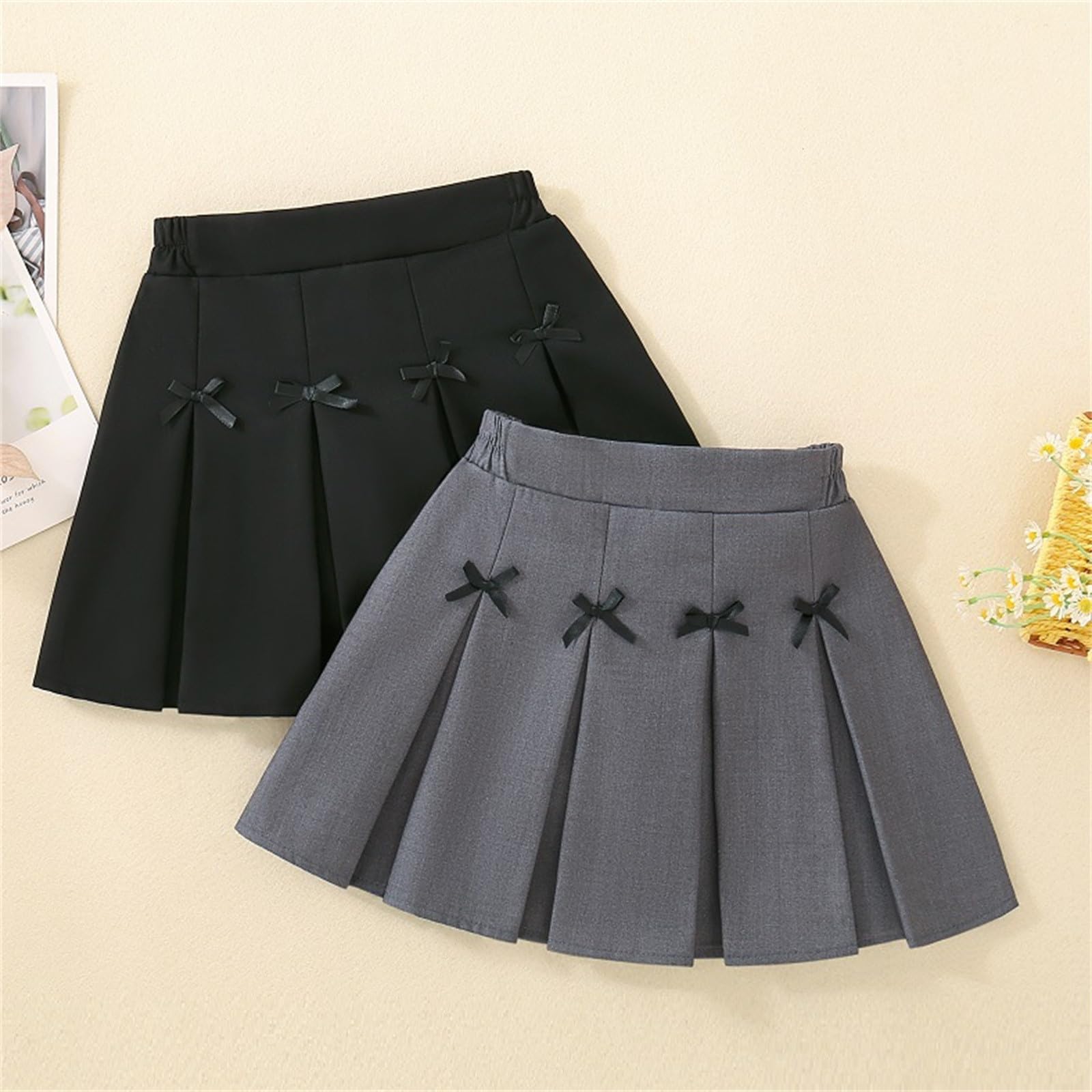 Générique Jupe plissée élégante pour Filles avec détail nœud, Jupe d'été légère doublée pour Petites Filles (Grey, 7-8 Years)