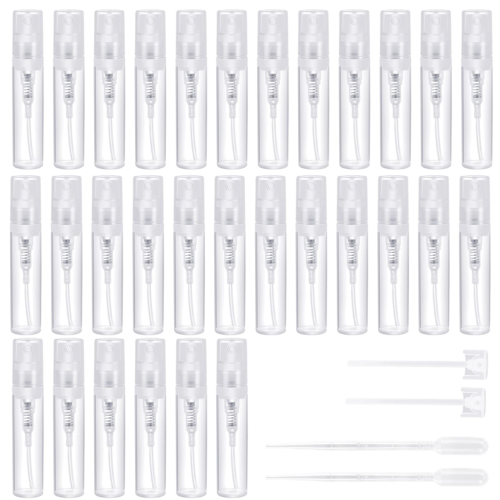 PEAKTOP 30 Sample Spray Bottles 3ML, Refillable Clear Perfume Bottle, Transparent Mini Spray Bottle, Portable Travel Perfume Bottles with Atomizer Pump and Dropper Pipette, for Liquid Makeup Tool
