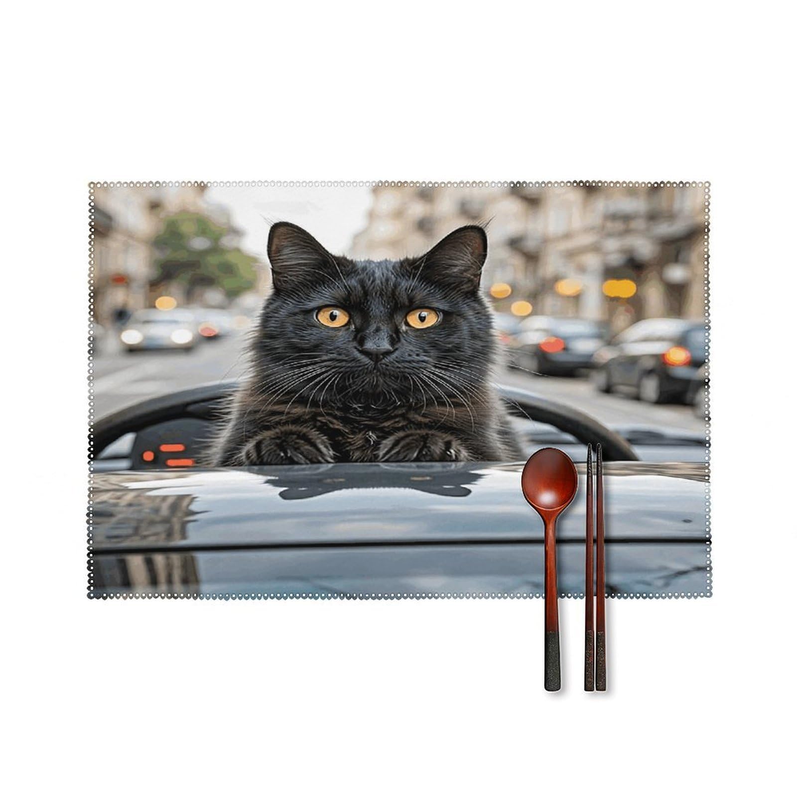 Black Cat Animal Placemats Set of 4 Heat Resistant Non-Slip Place Mats for Dining Table Washable Placemat Wipeable Dining Table Mat Canvas Place Mats Dining Table Decor