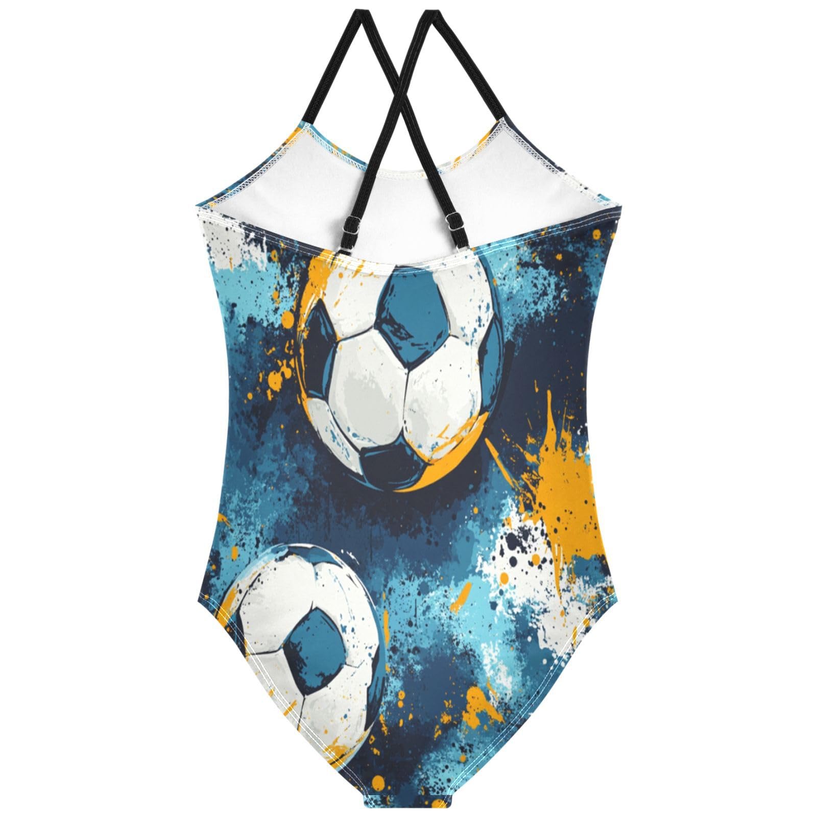 Pigsaly Girls One Piece Swimsuits Blue Yellow Watercolor Soccer Football Kids Cross Back Swimwear Bathing Suit 4T