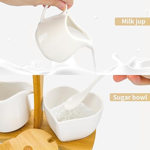 Miniatura 3 de Juego de crema y azúcar con bandeja de transporte, juego de cerámica para crema y azúcar con cuchara y tapa, jarra de crema vintage para azúcar con