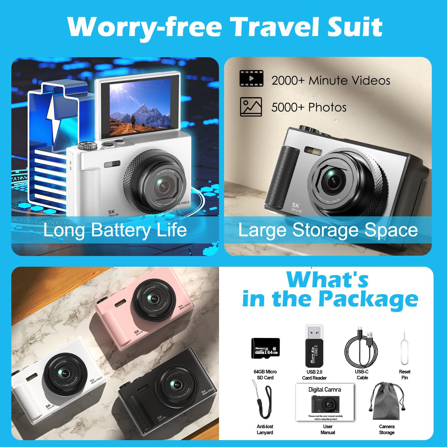 Appareil Photo Numérique UHD 5K 75MP avec Carte Micro SD 64 Go, Écran Rotatif 180° 2,83'', Zoom 18X, Anti-Shake, Compact (Rose)