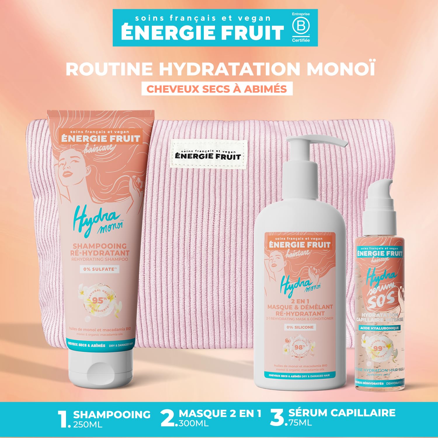 ENERGIE FRUIT - Coffret cadeaux routine capillaire cheveux secs abîmés - Monoi et acide hyaluronique - Trio shampooing réhydratant, masque hydratant, sérum protecteur - Trousse offerte