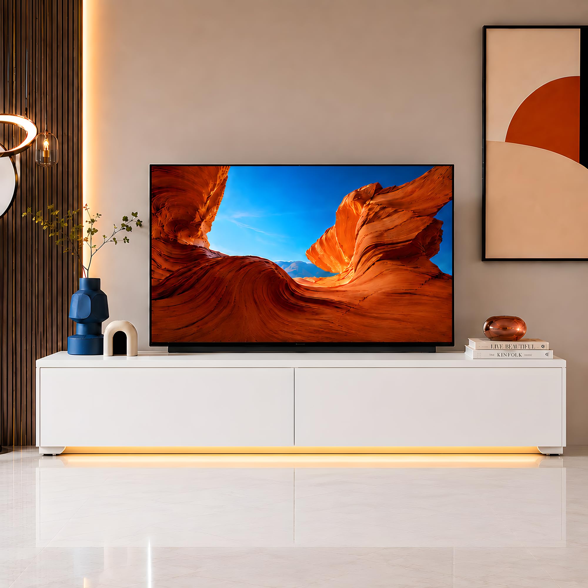 Mueble TV LED RGB 180 cm Blanco, suspendido o con Patas | Mueble TV LED RGB 180 cm con mando, 2 puertas abatibles, almacenaje cerrado y montaje en pared o con patas