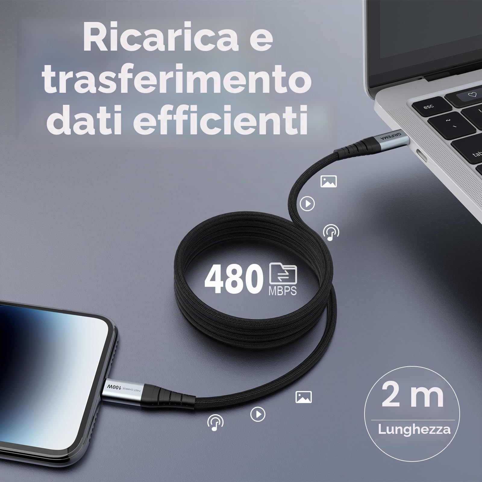 GRIFEMA Cavo USB-C a USB-C 100W 2m Ricarica Rapida PD 5A Nylon Intrecciato Tipo C per iPhone 16 15 Pro Samsung S23 S22 iPad Pro MacBook Google Pixel 7 Pro