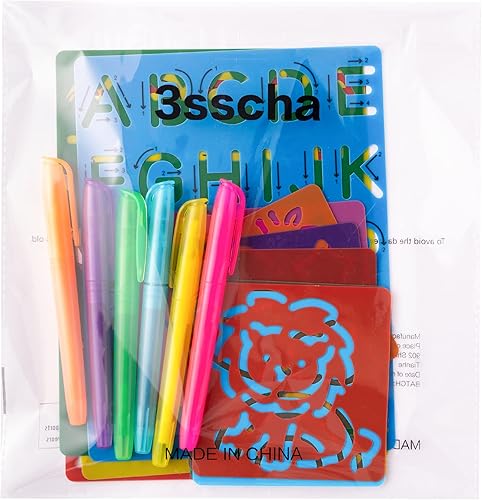 Miniatura 8 de 3sscha Juego de 22 plantillas de dibujo del alfabeto para niños, plantillas de dibujo con resaltador de color, letras números y tablas de pintura