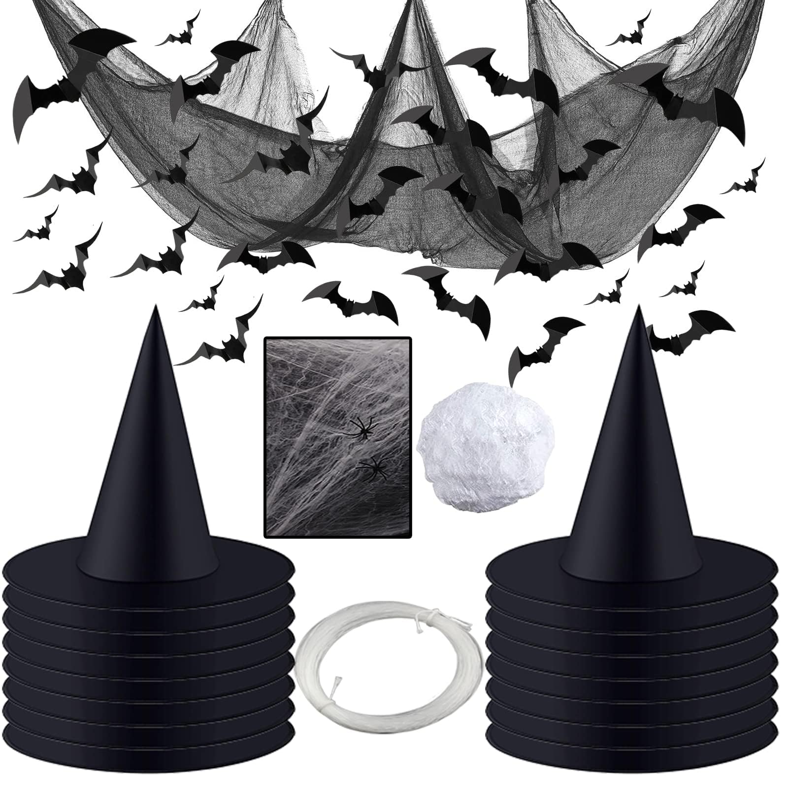 Halloween Decorations, 10 Pieces Halloween Black Witch Hats with 56 Pieces 3D Bats Sticker Wall Decoration, Halloween Fancy Caps Yard Decor