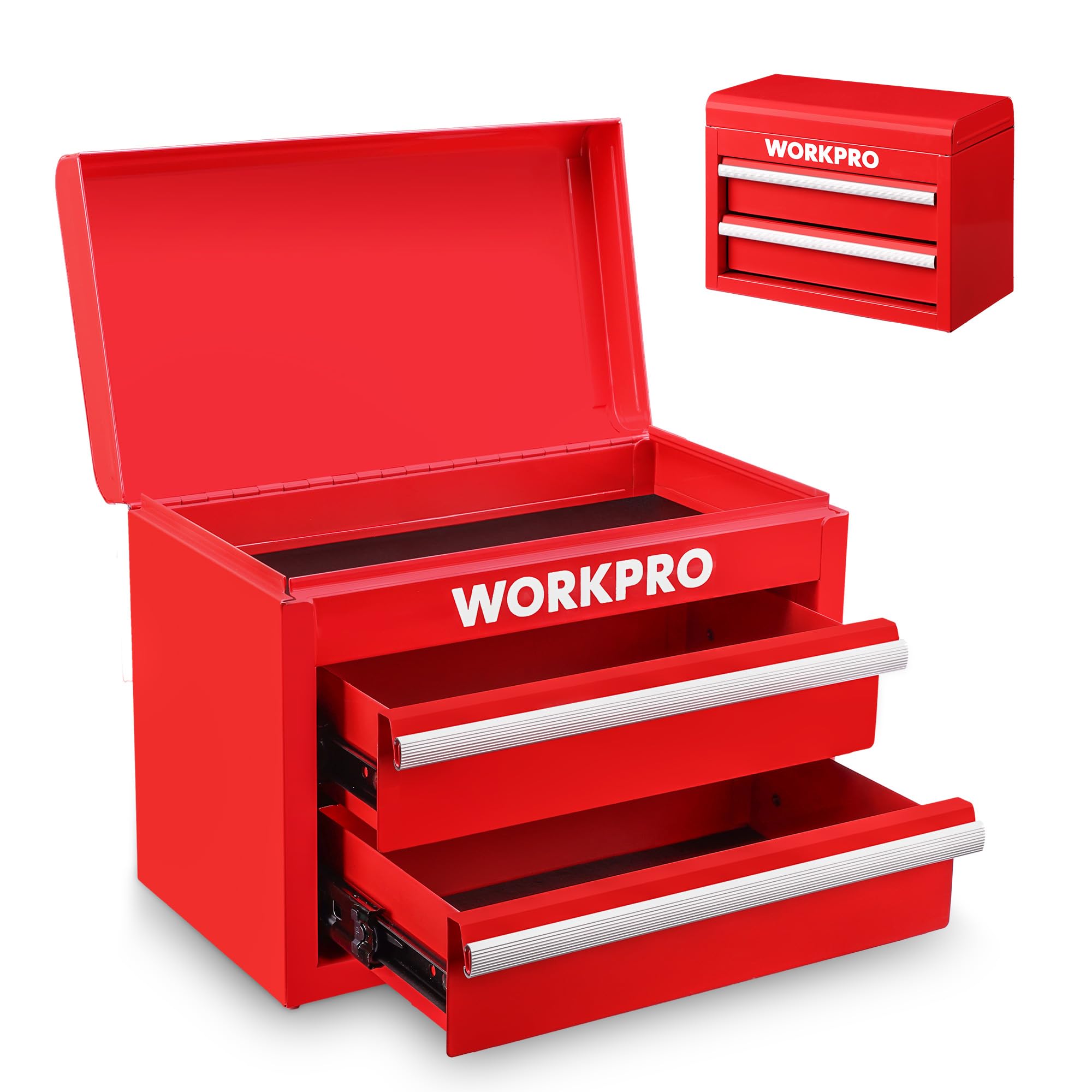 WORKPRO Metalowa skrzynka z szufladami z 2 szufladami i górną przestrzenią przechowywania, czerwona, 27,5x15x20,8 cm, organizer na biurko z szufladami do biura, szatni i biurka
