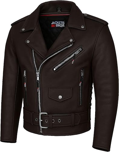 Chamarra ICONIC para Motociclista para Hombre, Cuero de Búfalo Premium, Forro Aislado, Cordón Lateral Clásico, Motociclista Cruiser Marrón Talla L