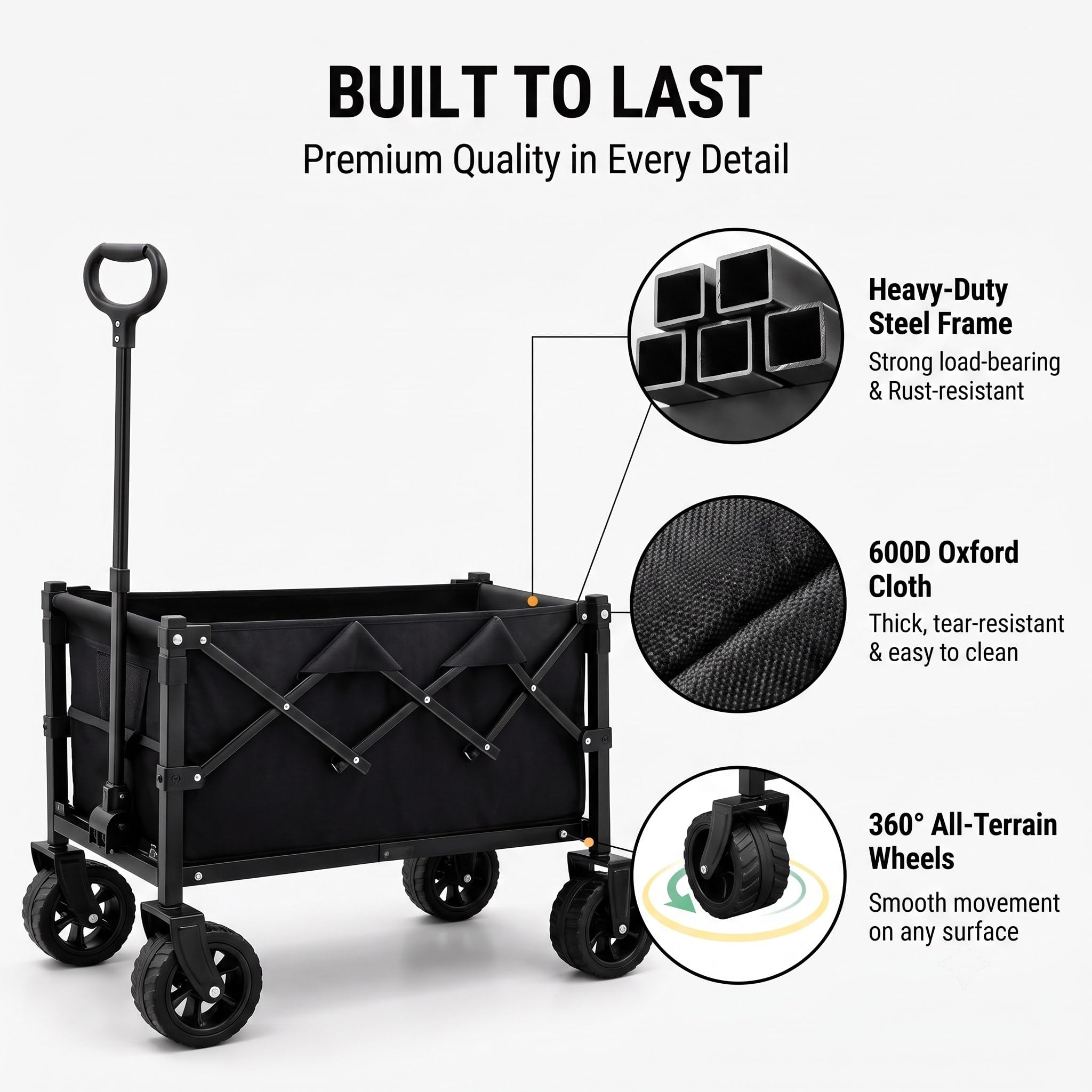 Chariot de transport pliable avec roues tout-terrain et poignée | Chariot d'extérieur robuste avec tissu Oxford, idéal pour le camping, la plage, le jardinage et les courses